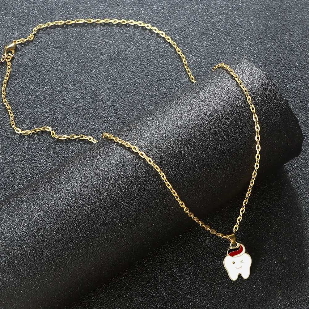 Cartoon Teeth Toothpaste Pendant Necklace for Girls Women Protect Tooth Adjustable Golden Alloy Chain Lobster Clasp Jewelry Gift M251216
