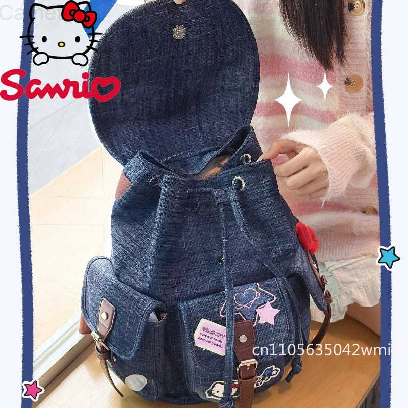 Sanrio New Denim Backpack Fashionable High Quality Womens Drawstring Backpack Cartoon Versatile Large Capacity Girls Storage Backpack H251216