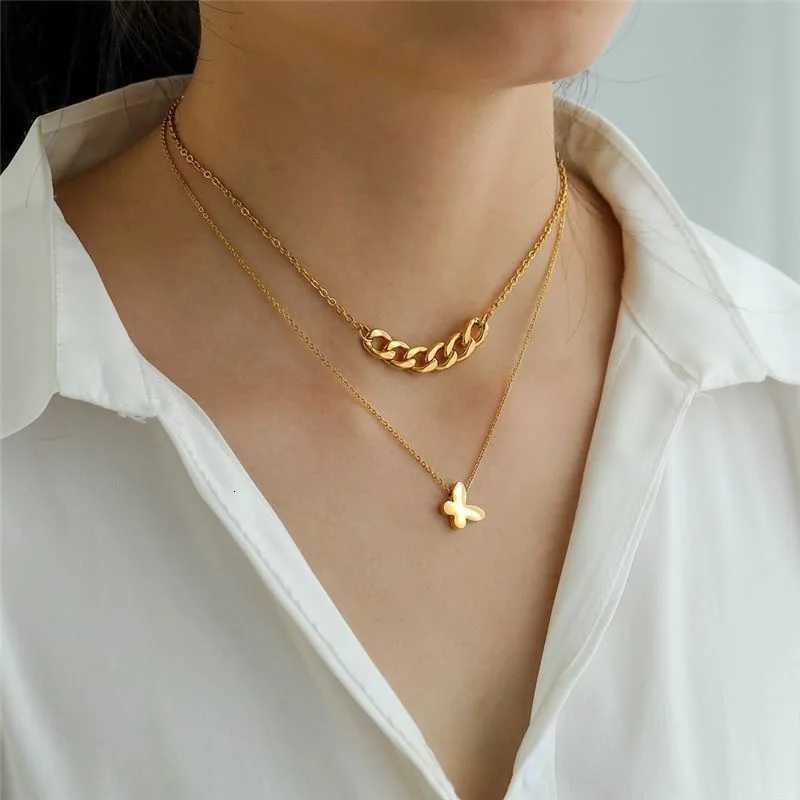 Double Layer Necklace Stainless Steel Gold Plated Butterfly Design Necklace M251216