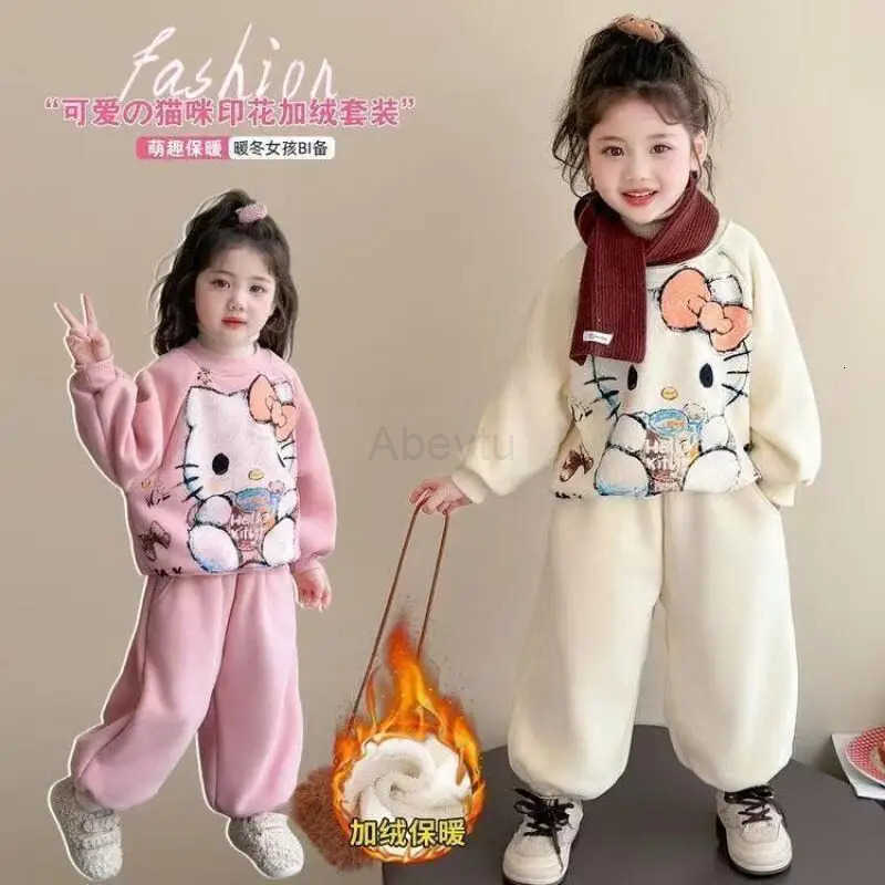 Sanrio Hot Girl Coat Set Hello Kitty Kawaii Anime Autumn and Winter Student Tops Long Pants Childrens Clothing 2-Piece Set New H251216