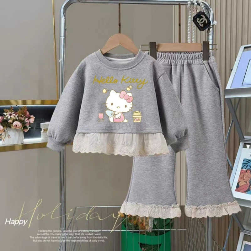 Sanrio Spring Baby Girls Lace Patch Clothes Set Kid Hello Kitty Printed Sweatshits Pullover Top and Flared Trousers Suit Outfits H251216