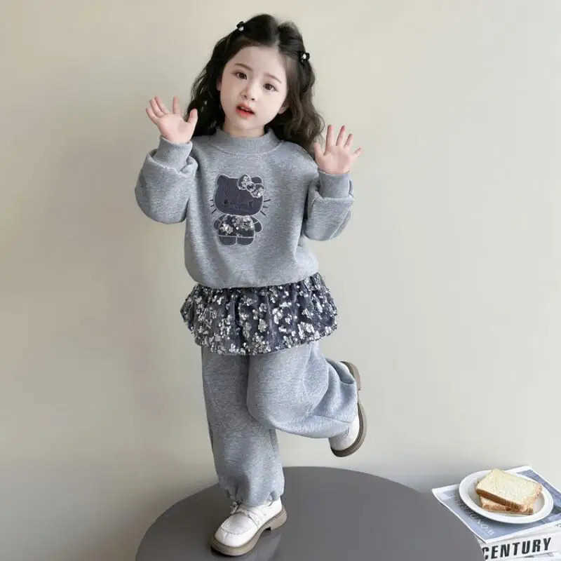 Sanrio Hellokitty Kid Plush Hoodie Set Cartoon Thickened Cotton-Padded Clothes Suit Anime Coat Sweatpants 2Pcs Cute Girl Gift H251216