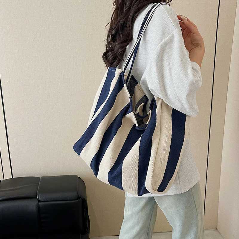 Summer Stripe Canvas Tote Bag Female Casual Large Capcity Simple Shoulder Bags Shopping Handbag Daily Totes Bag M251216