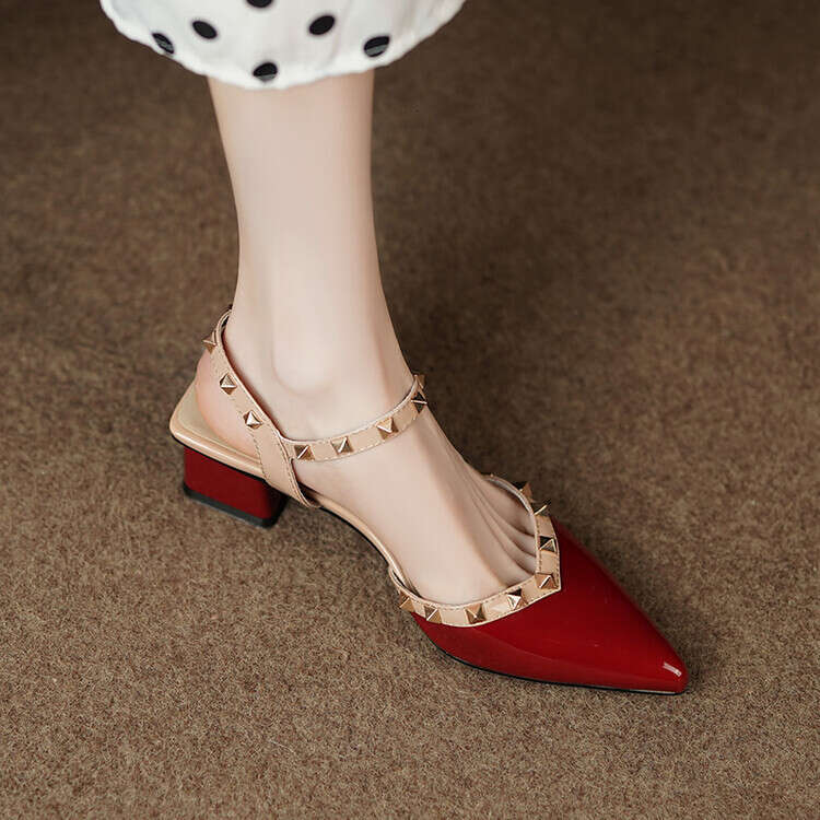 Baotou Studded Sandals 2023 New Summer Roman Pointed Toe Mid Chunky Heel Spring Autumn Women's Shoes Flat White