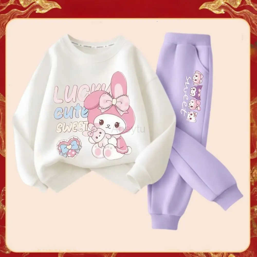 Sanrio Spring Autumn Childrens Melody Print Clothes Sets Kids Kawaii Sweatershirts Pullover Tops Pants 2Pcs Outfit Tracksuit H251216