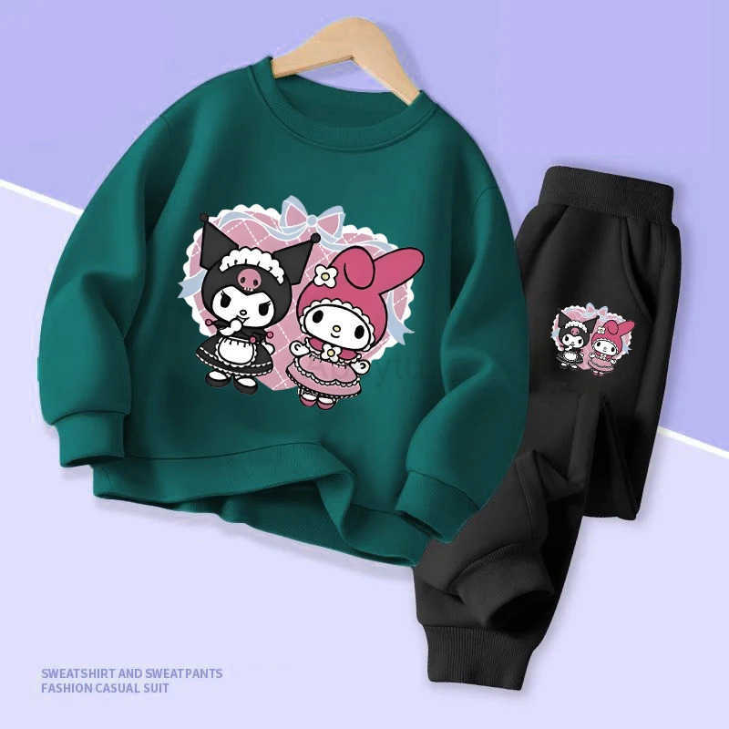 Sanrio Spring Childrens Colthes Sets Cartoon Kuromi and My Melody Print Girls Pullover Tops and Pants 2pcs Breathable Thin Kids Clothes H251216