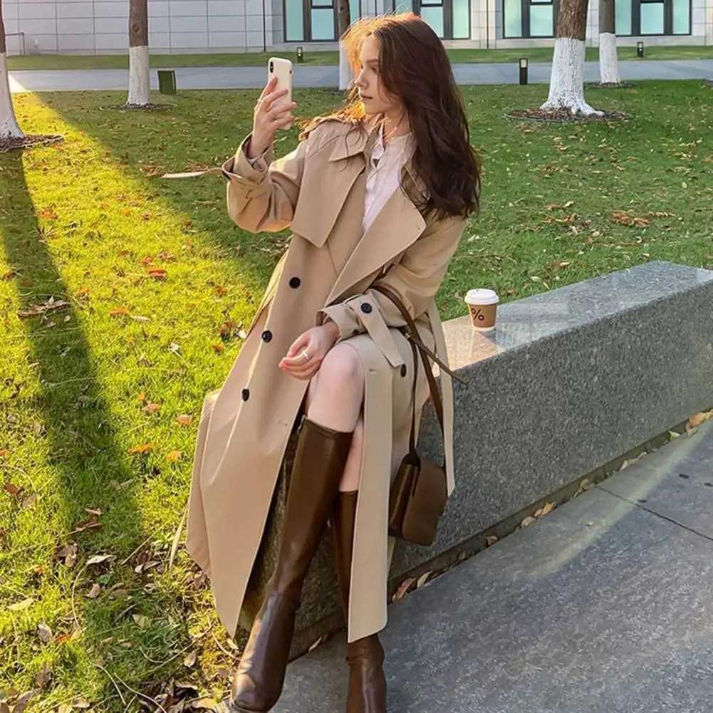 Fall Spring Women Jacket Turn-down Collar Double-breasted Overcoat With Belt Mid-calf Length Solid Color OL Commuting CoatT251216