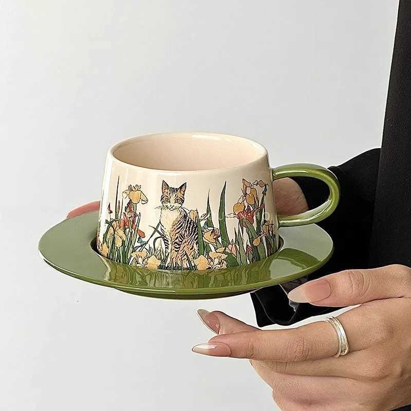 Cat Oil Painting Style Ceramic Cup Vintage Hand-painted Mocha Afternoon Tea Set Breakfast Oat Cup Heat-resistant Coffee Cups H251215