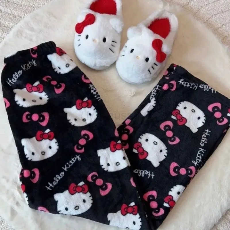 Sanrio New Hello Kitty cartoon flannel mid-waist pajama pants loose pajamas cute print casual warm home comfort kawaii gift H251216