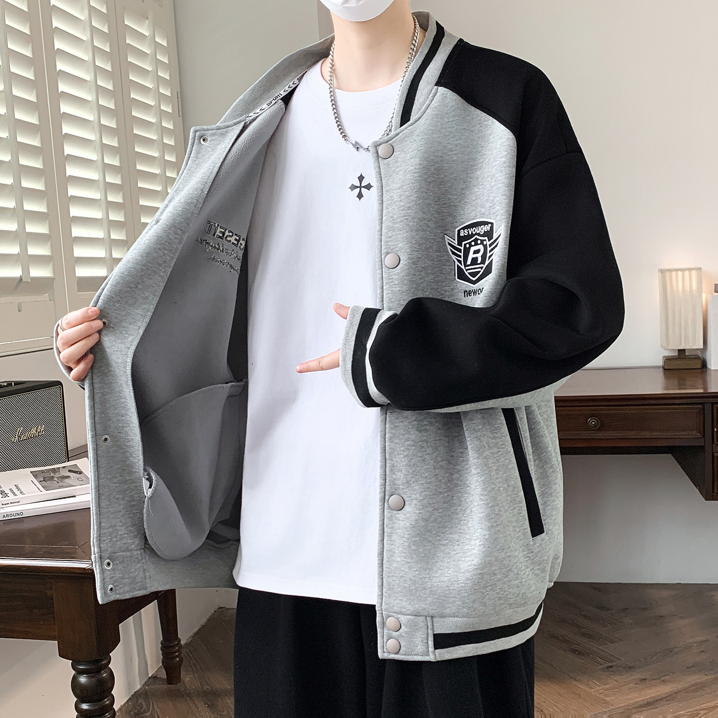 Autumn Winter Casual Patchwork Baseball Jacket - Teenagers & High School Students, Versatile Men's Cargo Outerwear