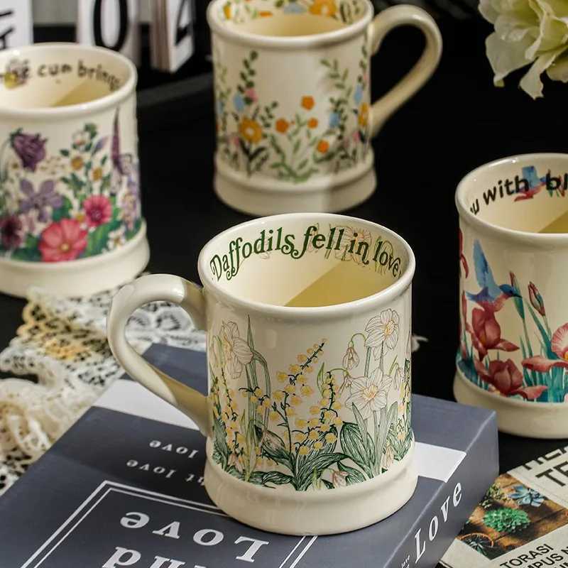 Flower Printed Ceramic Cup Aesthetic Flower and Bird Pattern Coffee Cup Household and Off Cup Utensils Retro Style H251215