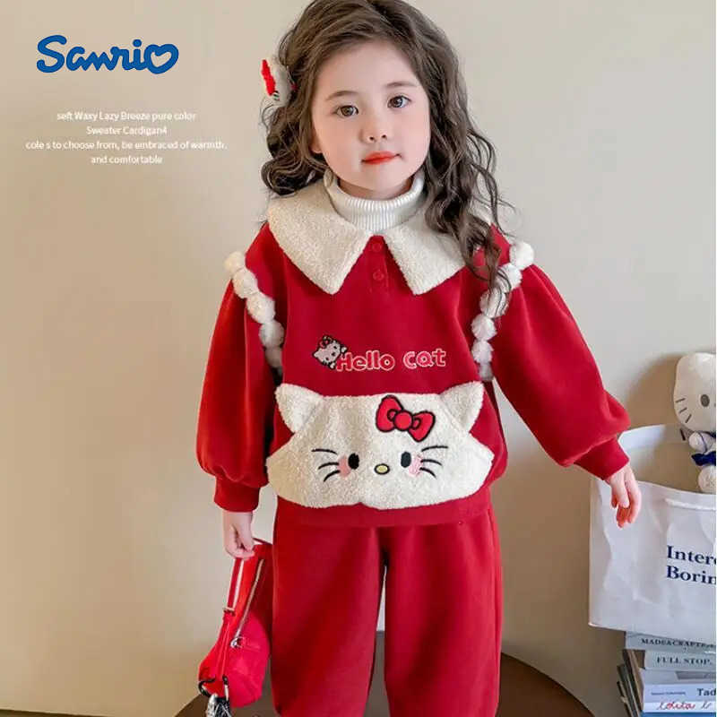 Sanrio Christmas Girls Hellokitty Cartoon Sportswear 2025 Winter New Kawaii Anime Thick Warm Coat 2Pcs Korean Style Fashion Sweet Sets H251216