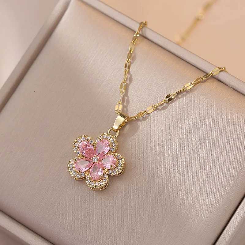 Bridal Pink Zircon Cherry Flower Stud Earrings and Pendants Stainless Steel Chains Necklaces For Women Luxury Jewelry Sets Gift M251216