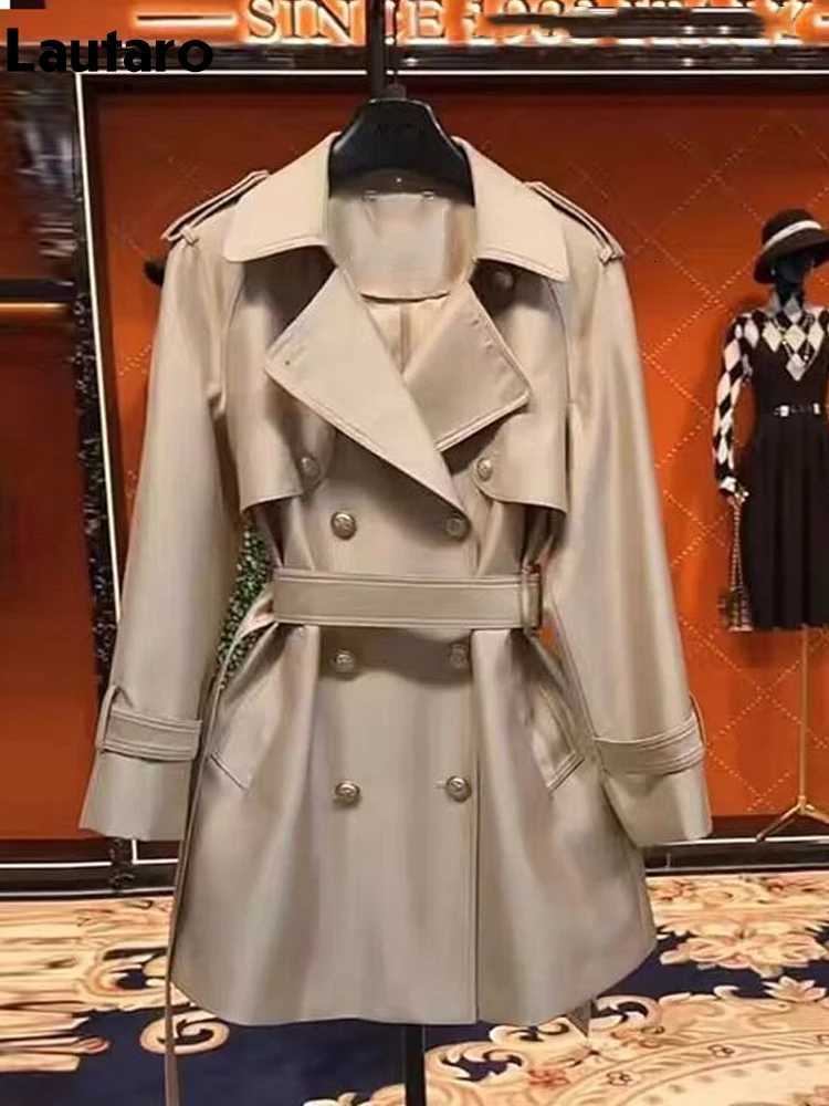 Lautaro Spring Autumn Khaki Satin Trench Coat for Women Belt Double Breasted Elegant High Quality Luxury Designer Clothing 2024T251216