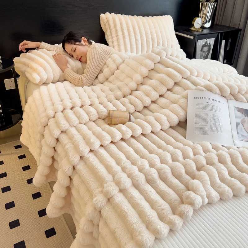 Furry Plush Warm Winter Blanket Solid Strip Velvet Coral Fleece Flannel Soft Thick Bedspread for Bed Sofa Single Double Size H251216 - view 3