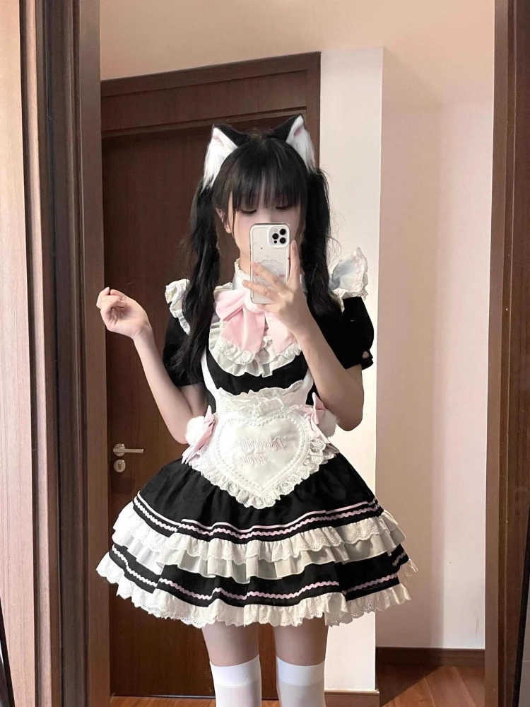 Sanrio Kawaii Japanese Sweet Short Lolita Dress Women Elegant Princess Y2k Design Bow Chic Apron Dress Female Fairy Lovely Outfits New H251216