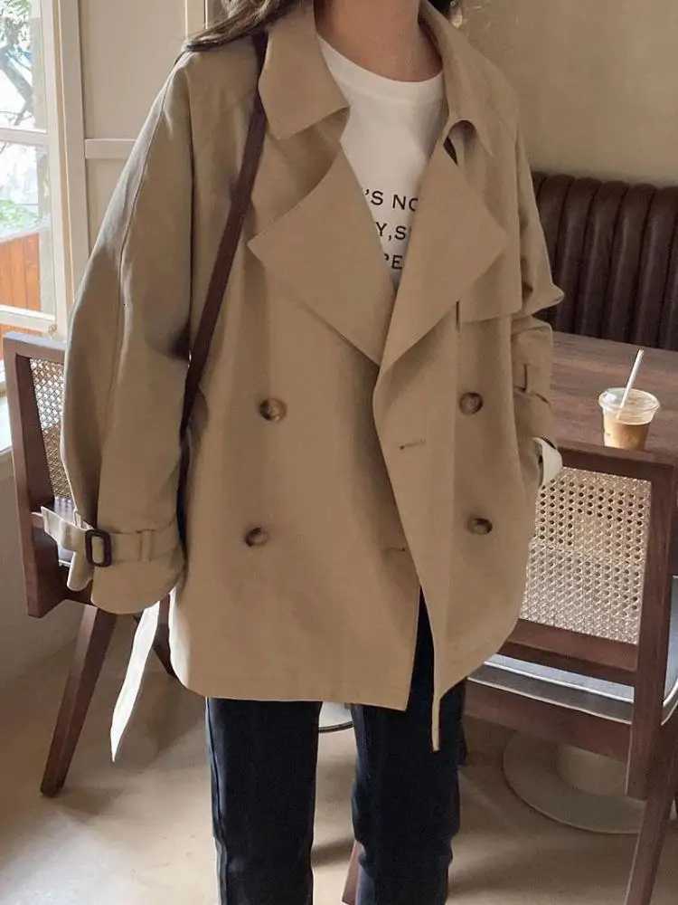 Black Double Breasted Windbreaker Coat Women Versatile 2023 Spring Autumn New Korean Loose Khaki Cardigans Jacket Trench CasualT251216