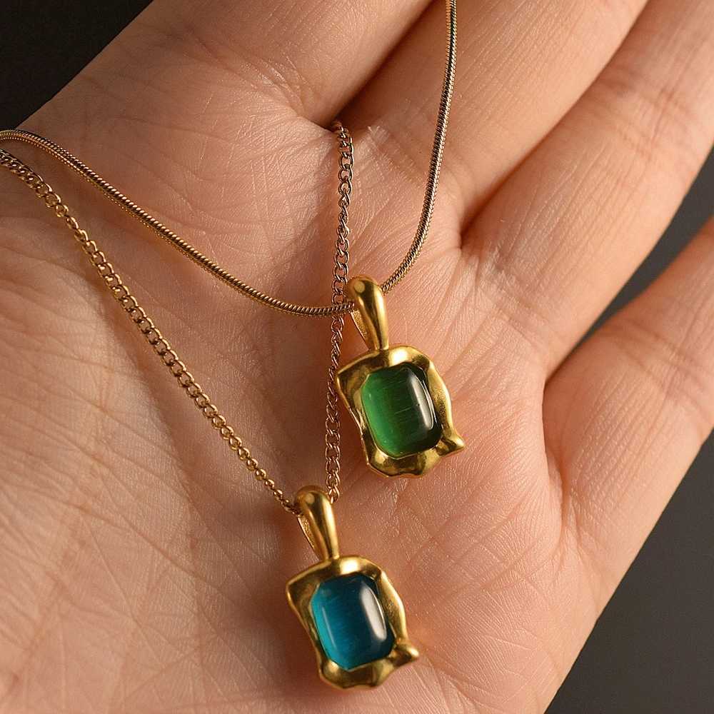 Gems titanium steel necklace women with curb chain or snake chain stainless steel cats eye stone plated 18K gold jewelry M251216