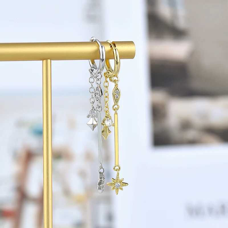 925 Sterling Silver Needle Eight-pointed star/star White Zircon Chain Earrings For Women Tassel Earrings Fashion Party Jewelry G251216