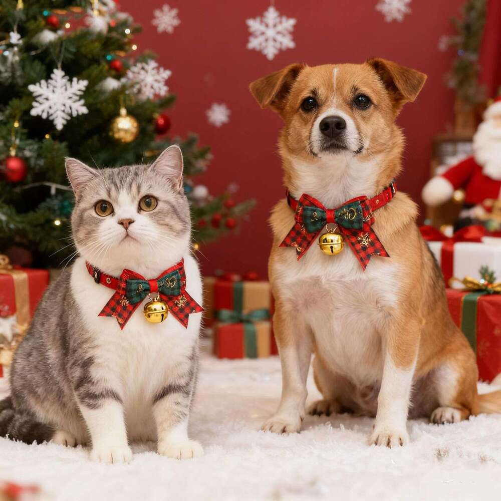 Christmas Pet Cartoon Collar Bell Bow & Cat Dog Necklace Red Green Cute Decoration