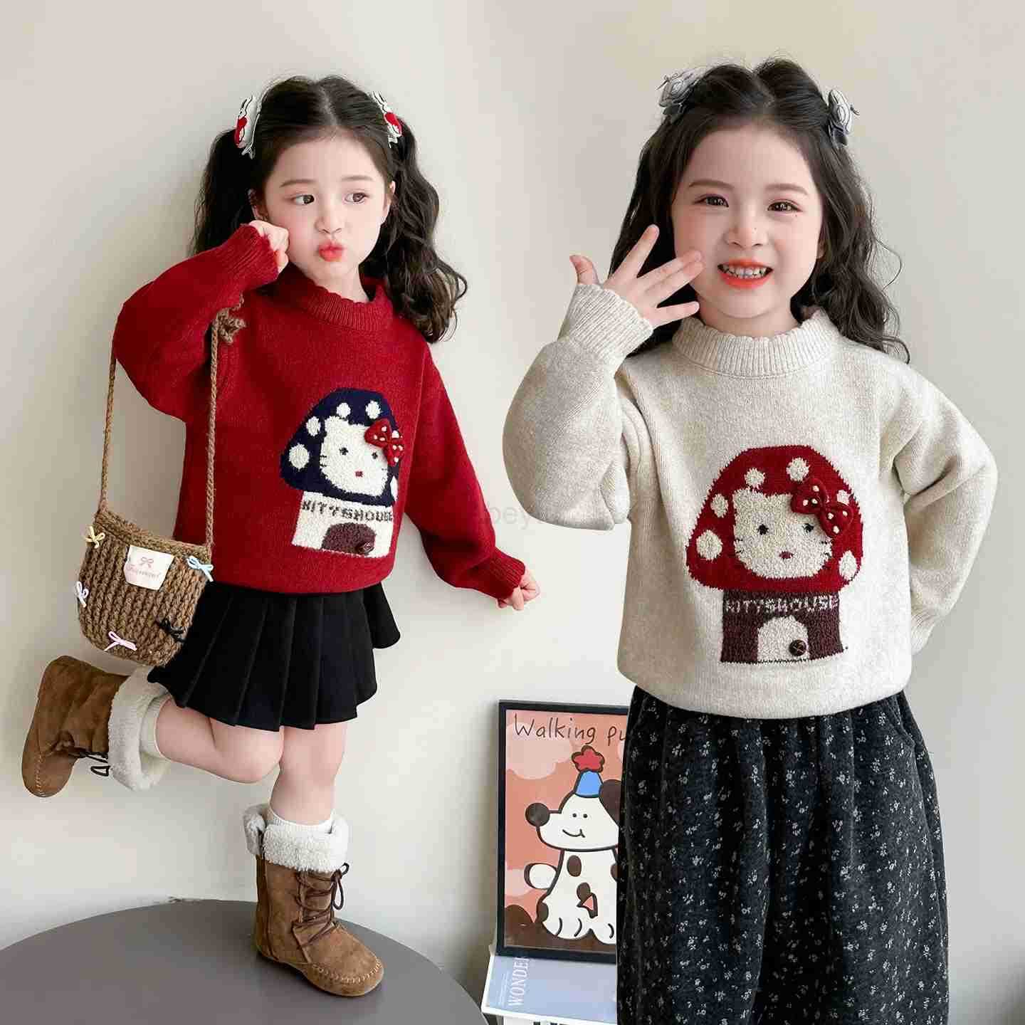 Sanrio Anime Hello Kitty Girls Autumn/Winter Sweater Childrens cartoon knitted sweater Girls winter outfit sweet pullover base shirt H251216