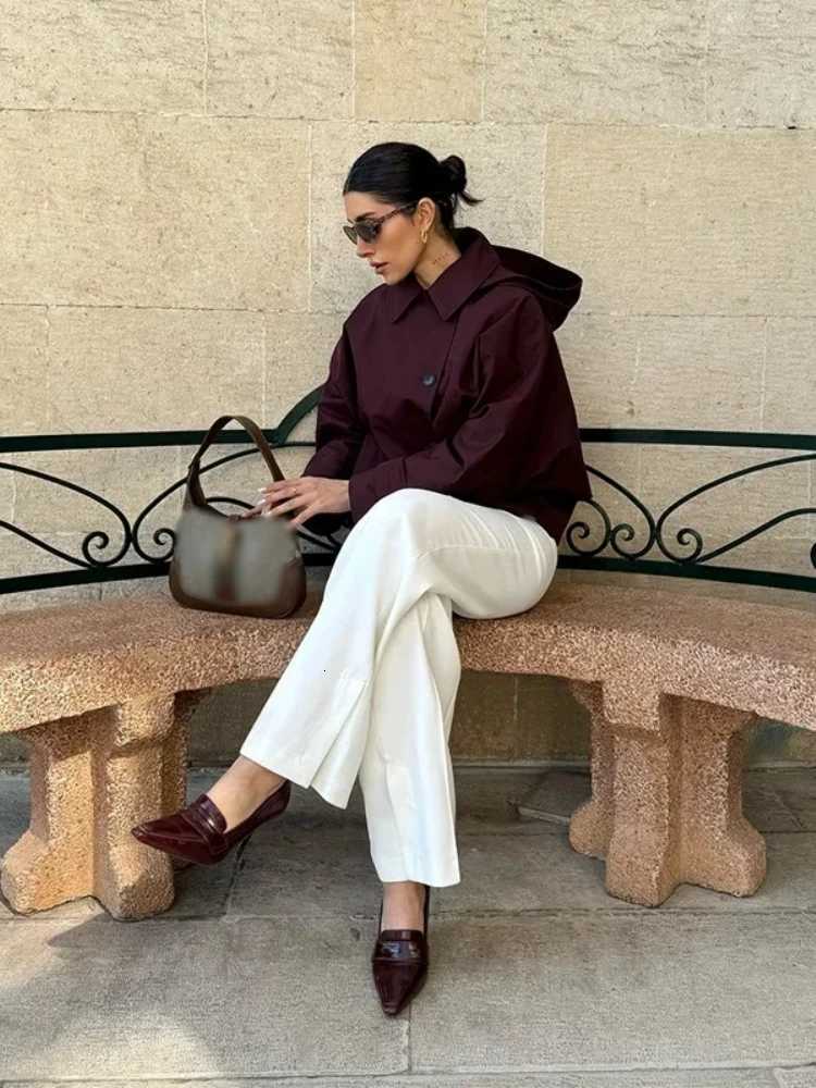 Women Casual Loose Solid Hooded trench coat 2025 Autumn Women Lapel Single Breasted Jacket Windbreaker Female OutwearT251216