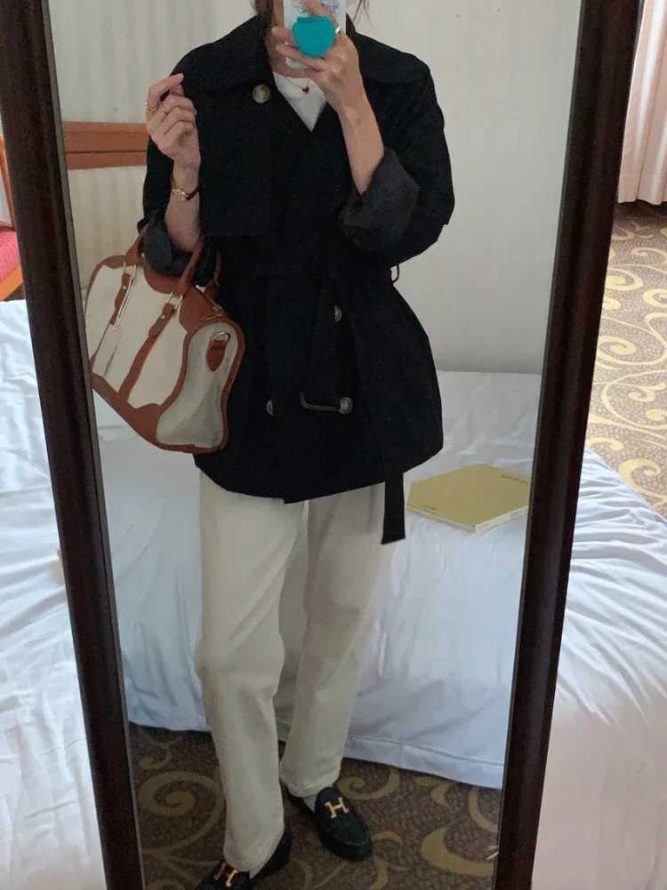 Spring/Autumn New Korean Fashion Waist Slimming Lace Up Jacket for Women Double Breasted Mid Length Trench Coat Women ClothingT251216