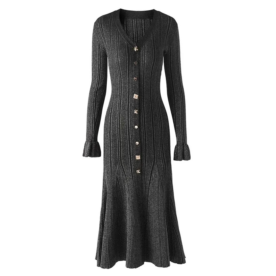 Elegant Long Sleeve Knitted Dress Style Womens Fashion Slim Fit VNeck Midi Pure Color Metal Buckle 251219