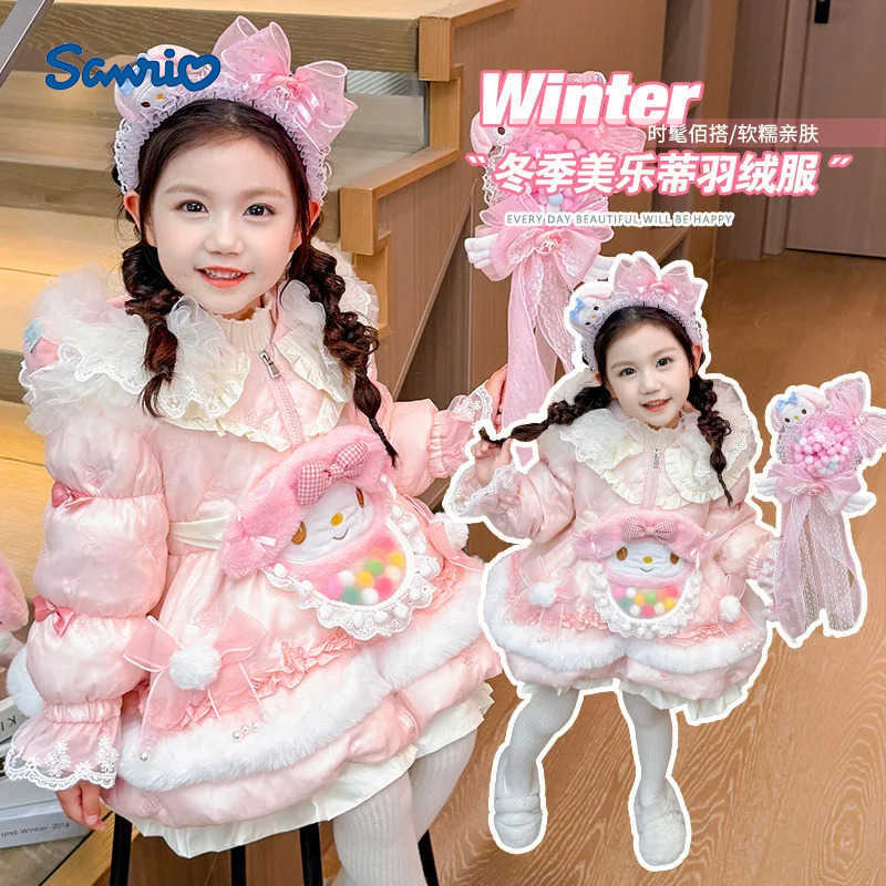 Sanrio Anime My Melody Girl Lolita Long Down Jacket Dress Kid Winter Thick Coat Bow Decoration Birthday Dress Velvet Top Festival Gift H251216