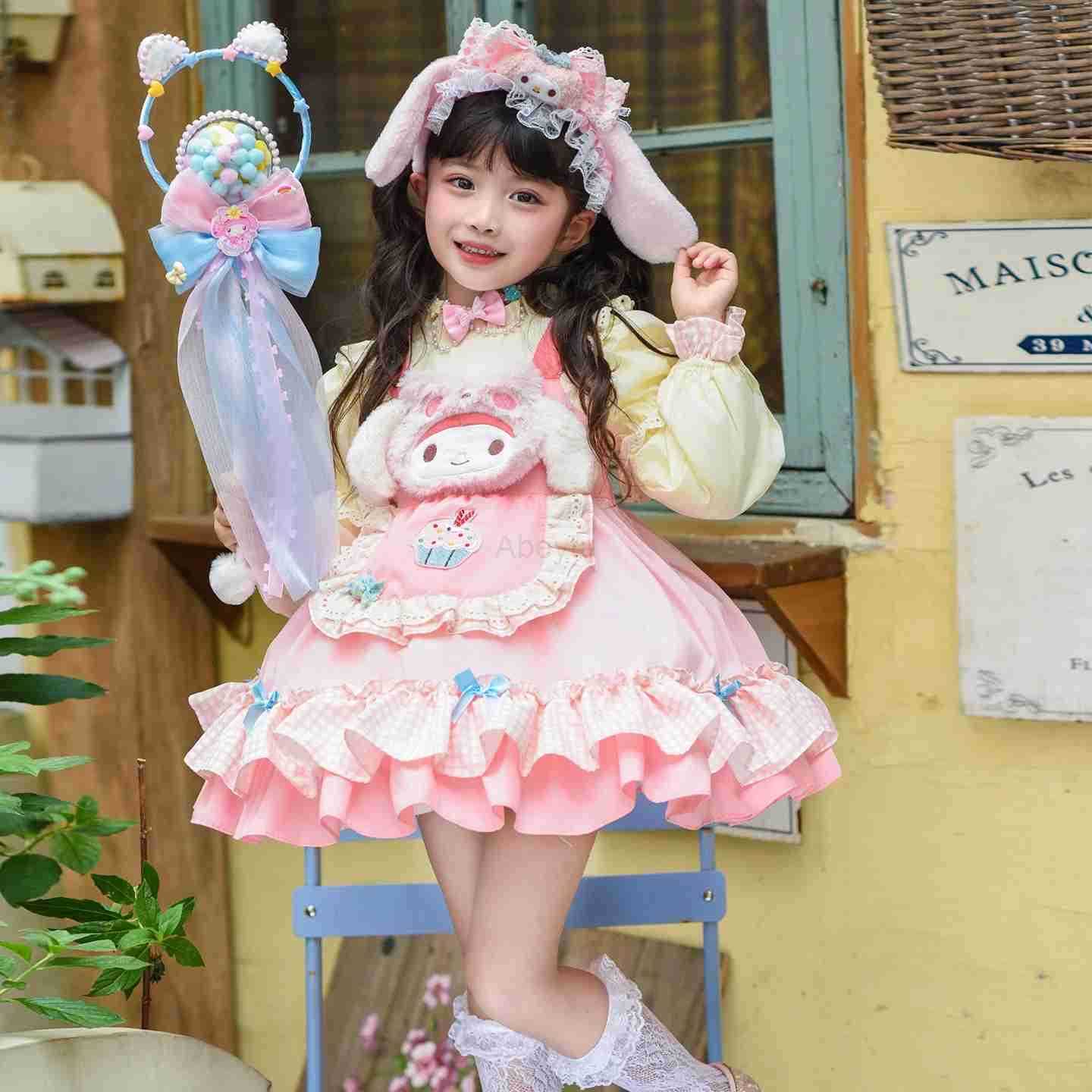 Sanrio Anime My Melody Girls Lolita Princess Dress Lace Party Dress for Kids Bow Decoration Ruffled Tutu Skirt Princess Costume Gift H251216
