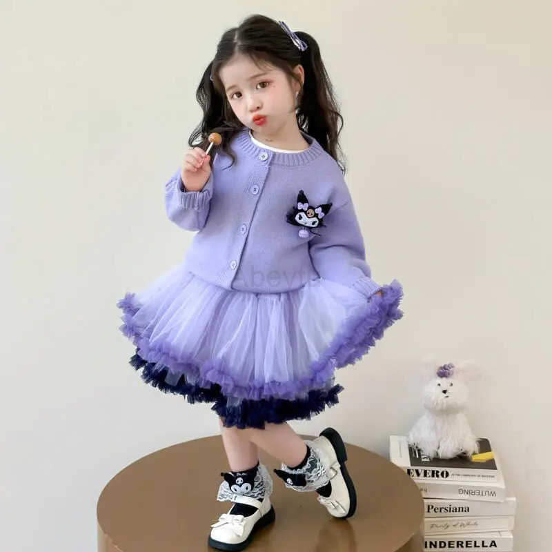 Sanrio Kuromi Girl Long Sleeves Sweater Suit Spring Autumn New Coat Two Piece Skirt Set Kawaii Childrens Clothing Cartoon H251216