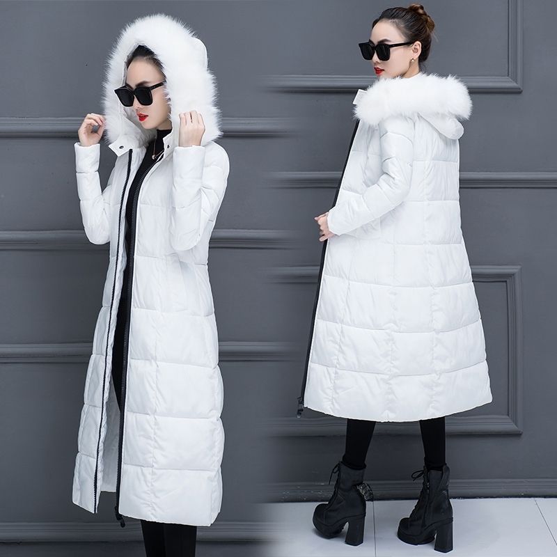 2025 Korean Style Cotton Jacket for Women Winter Long OvertheKnee Thick Slim Fit Large Fur Collar Warm Down Cotton Jacket 210923