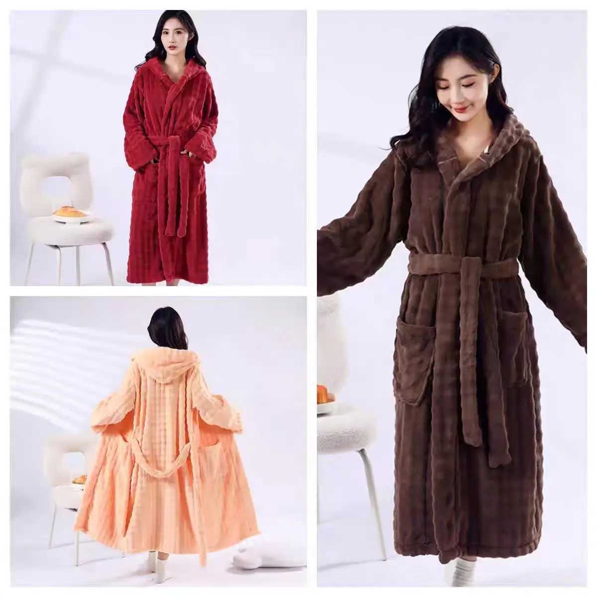 New 2025 style 911g womens hooded bubble fleece bathrobe for autumn winter Non-pure cotton quick-drying absorbent Perfe C251216