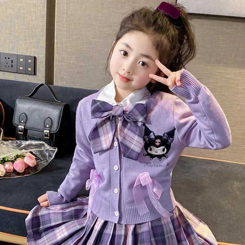 Sanrio Cartoon Anime Girls Vest Knit Cardigan Jk Skirt Kuromi Kawaii My Melody Pleated Skirt Bow Set Spring and Autumn New Style H251216