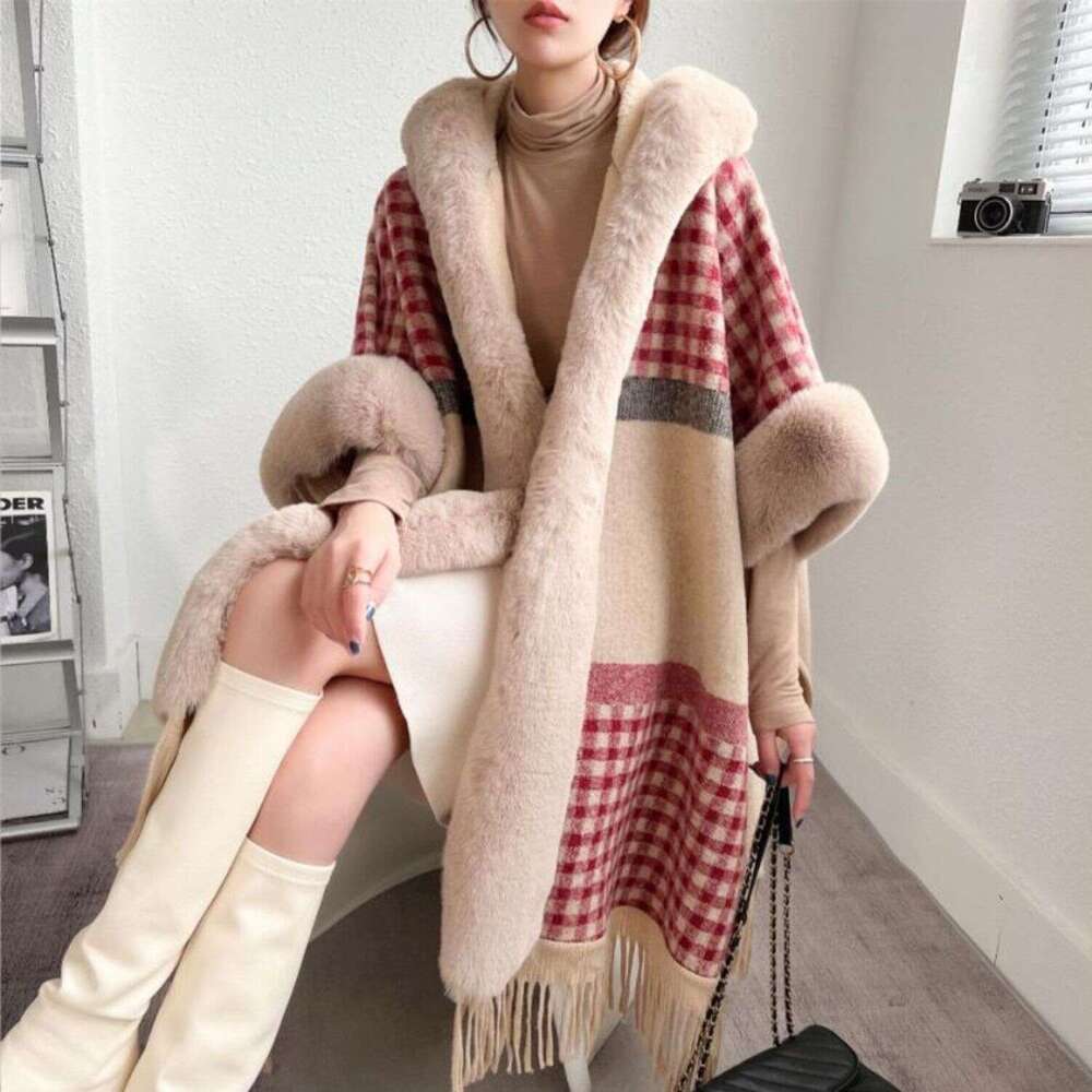 Hooded Shawl Coat For Women, Faux Rabbit Fur Capes Coats Women Plaid Poncho Jackets Tassel Hooded Batwing Sleeves Open Stitch Loose Casual 2025 Autumn