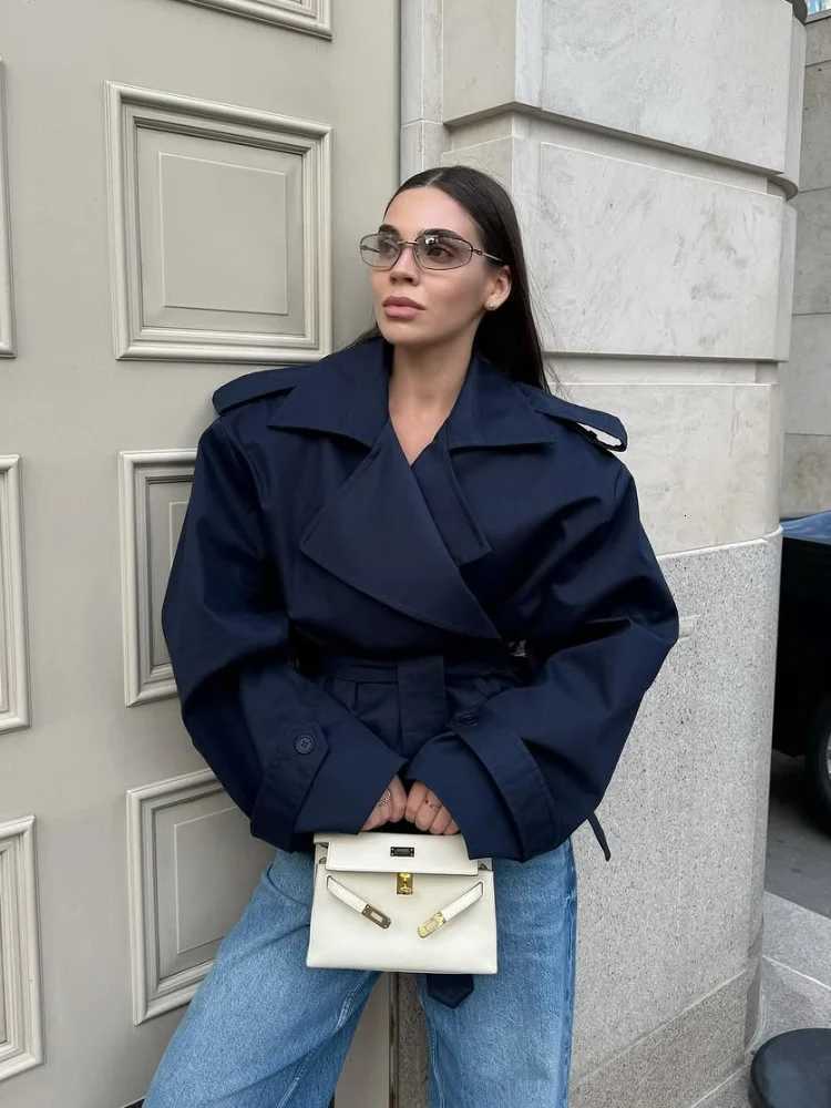 Cropped Lace-up Blue Casual Trench Coat Women Lapel Long Sleeve Wide Shoulder Windbreaker Jacket Fall Commute Daily StreetwearT251216