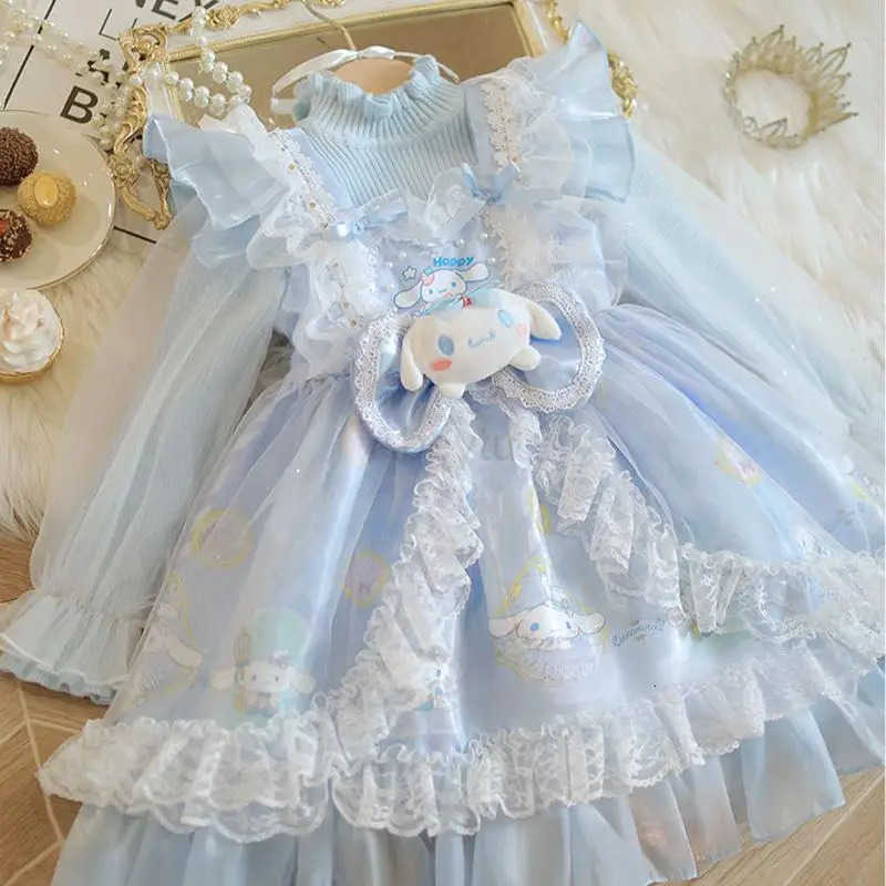 Sanrio Anime Cinnamoroll Girl Lolita Princess Dress with Lace Fluffy Skirt Bow Decoration Layered Ball Gown for Kids Festival Party H251216