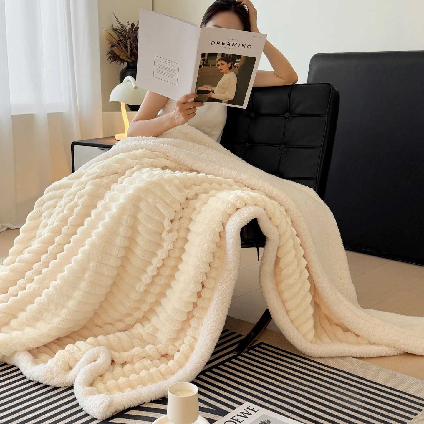 Cozy Fluffy Coral Fleece Blanket Thick Warm Striped Winter Duvets Soft Plush Sofa Throw Blanket Queen Bedroom Bedspread for Home H251216 - view 5