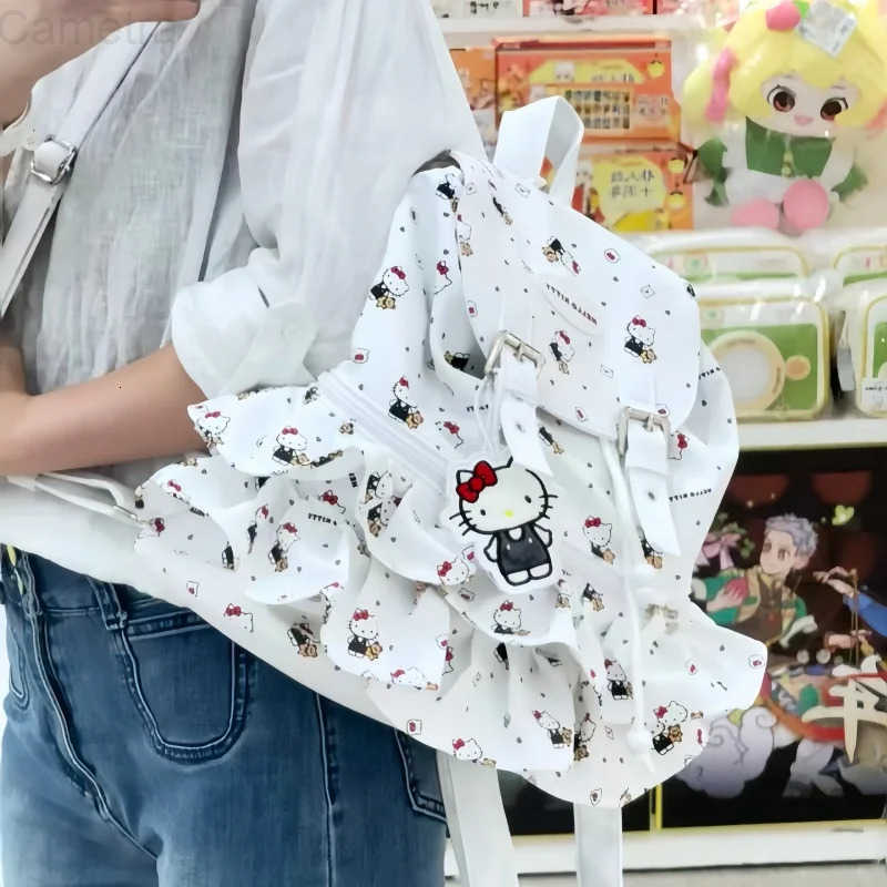 Sanrio New Hello Kitty Plush Ruffled Drawstring Backpack Portable for Commuting Cute Cartoon Anime Surprise Gift for Girls H251216