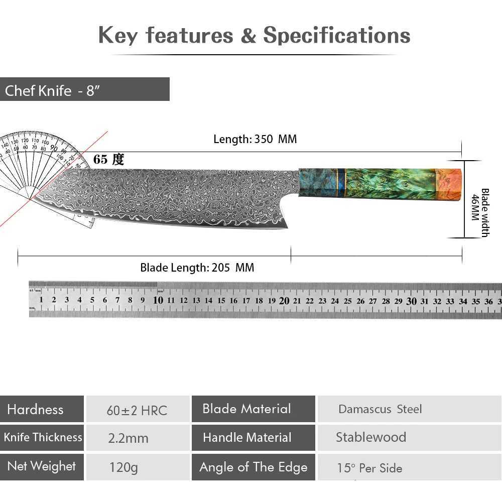 8 Inch Chef Knife 67 Layers VG10 Damascus Steel Kitchen Knives Stabilized Colored Wood Handle Professional Japanese Kiritsuke Kn C251216