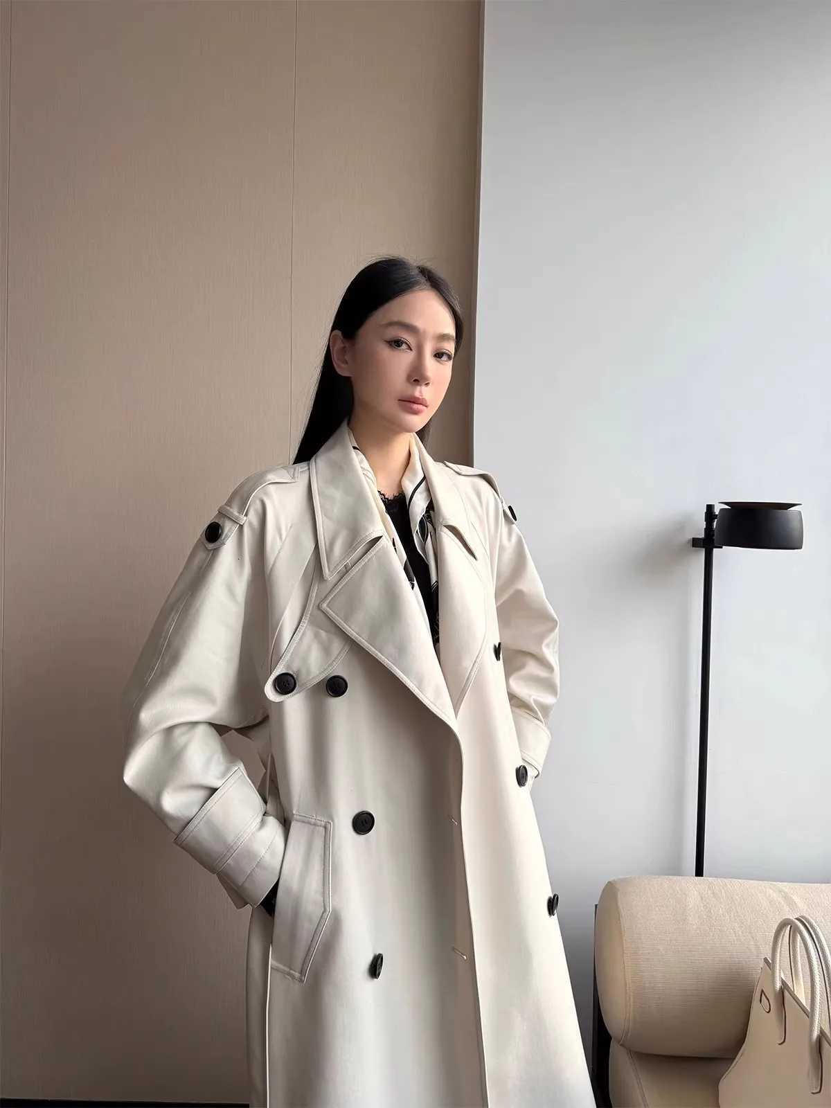 Mauroicardi Spring Autumn Grey Long Trench Coat for Women Sashed Double Breasted Loose Windproof Luxury Designer Clothes 2025T251216