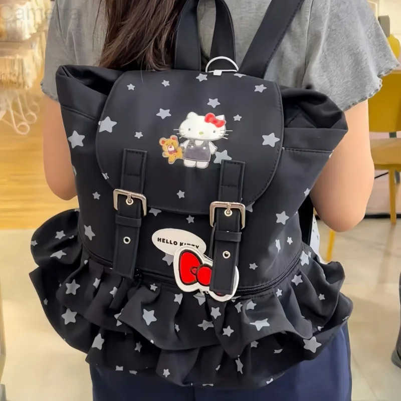 Sanrio New Hello Kitty Plush Ruffled Drawstring Backpack Portable for Commuting Cute Cartoon Anime Surprise Gift for Girls H251216