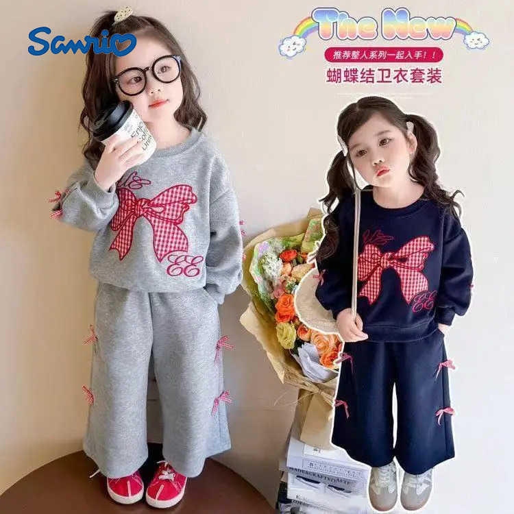 Sanrio 2025 Children Cotton Lace Bow Long Sleeve Sweatshirt Suit Girls Casual Sport Loose Tracksuit Outfits Kids Spring Autumn Clothes H251216