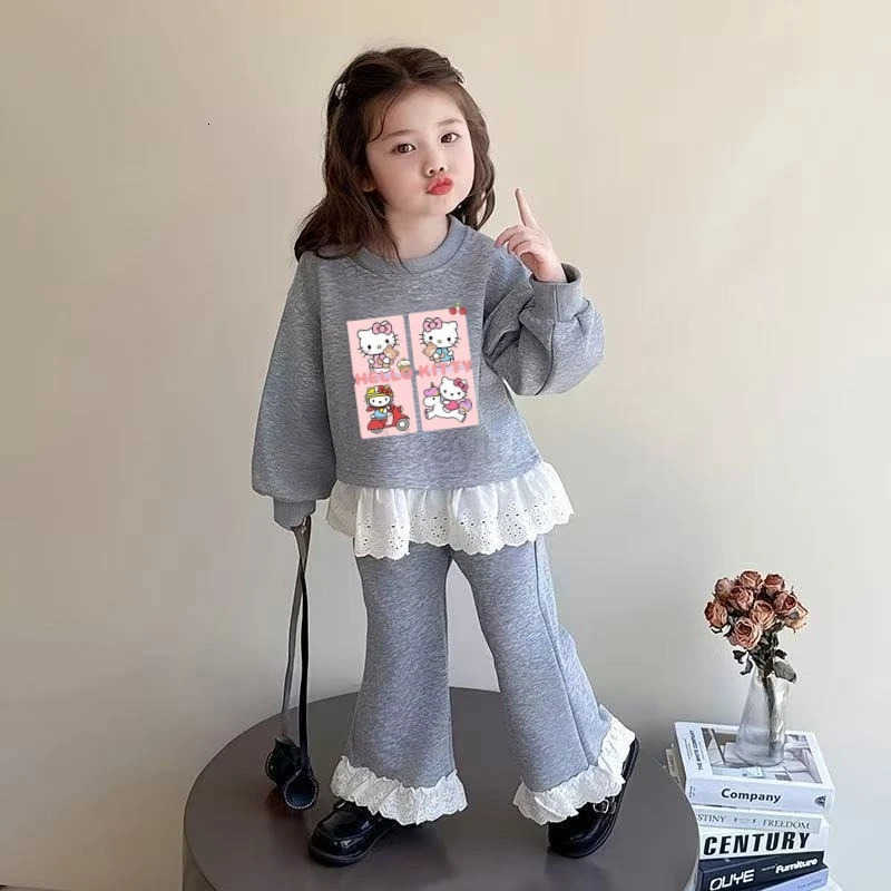 Sanrio Autumn Baby Girls Clothes Sets Lace Decoration Kid Hello Kitty Girls Sweatshirts Pullover TopPants 2pcs Cute Tracksuits Outfits H251216