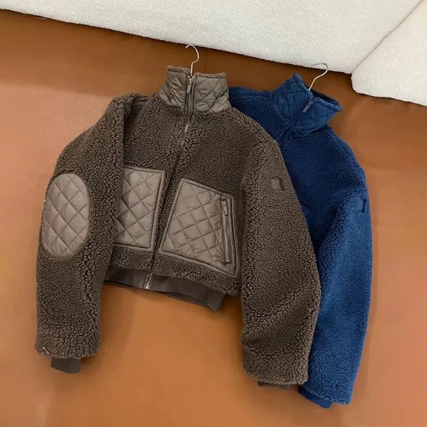 Designer Women Jacket Brown Lamhair Hooded Coat Lamb Wool Zipper Coat Hooded Yoga Clothes Women's Winter Short Padded Warm Cotton-padded Jacket