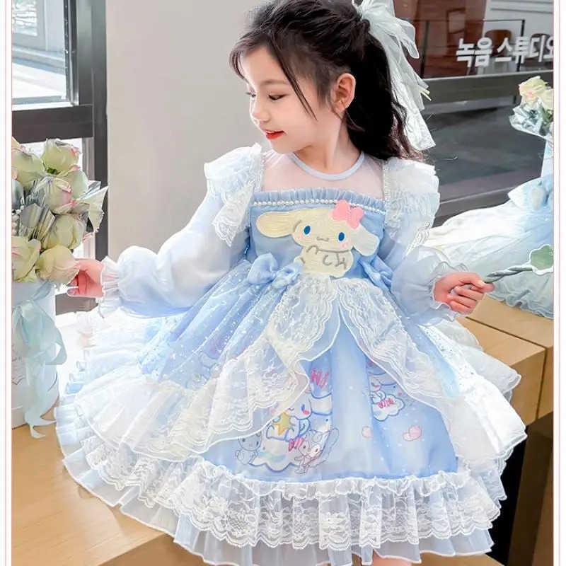 Sanrio Hot Girl Dress My Melody Cinnamoroll Kawaii Anime Fashion Children Long Sleeves Lace Princess Dress Children Clothing New H251216