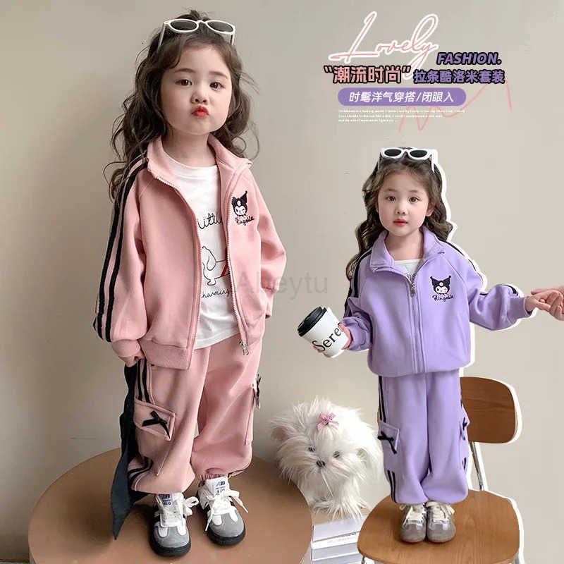 Sanrio Kuromi Clothes Set Girl Spring Autumn Fashion Cartoon Cute Sweet Long Sleeve Tops Pants Childrens Casual Sportswear H251216