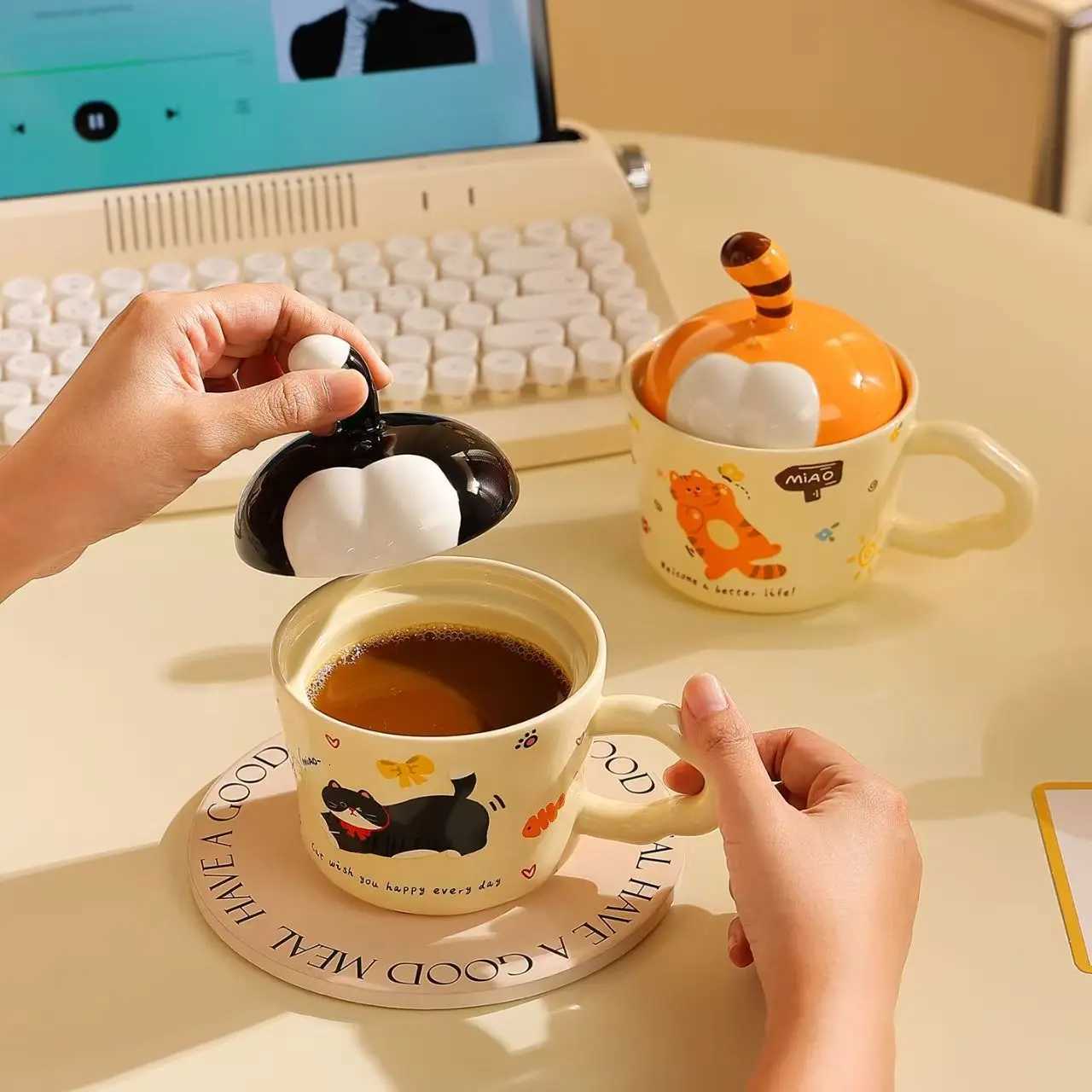 Cute Cartoon Cat Ceramic g Couple Water Cup High-value Gift Box Souvenir Birthday Gift Breakfast Cups H251215