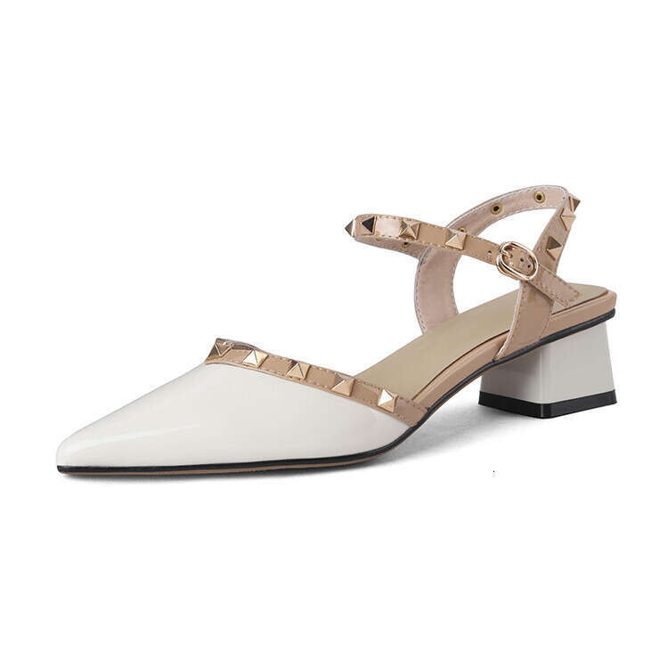 Baotou Studded Sandals 2023 New Summer Roman Pointed Toe Mid Chunky Heel Spring Autumn Women's Shoes Flat White