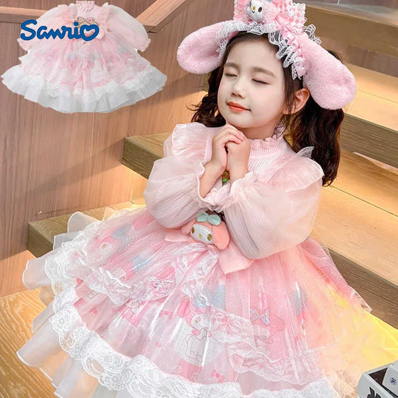 Sanrio Anime My Melody Girls Lolita Princess Dress Lace Party Dress Bow Decoration Knitted Dress Ruffled Tutu Skirt Layered Dress Gift H251216